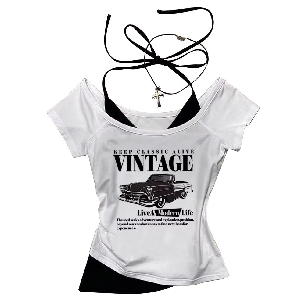 Vintage Classic Car Cropped T-Shirt for Women – Retro Y2K Graphic Crop Top