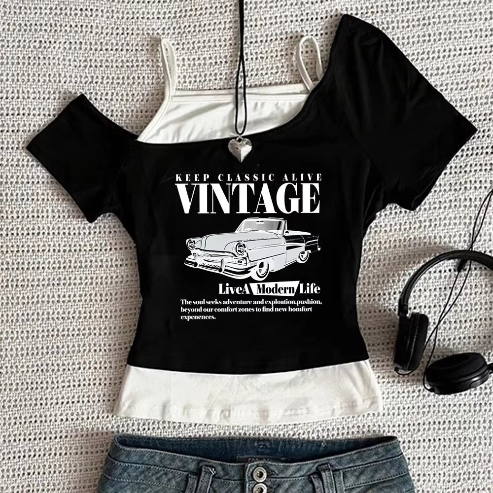 Vintage Classic Car Cropped T-Shirt for Women – Retro Y2K Graphic Crop Top